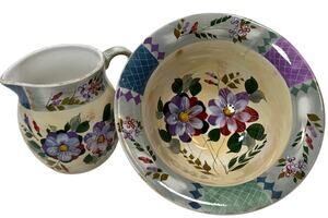 Gibson Elite Hand Painted Floral Pitcher & Wash Basin Bowl Set Cottage Garden